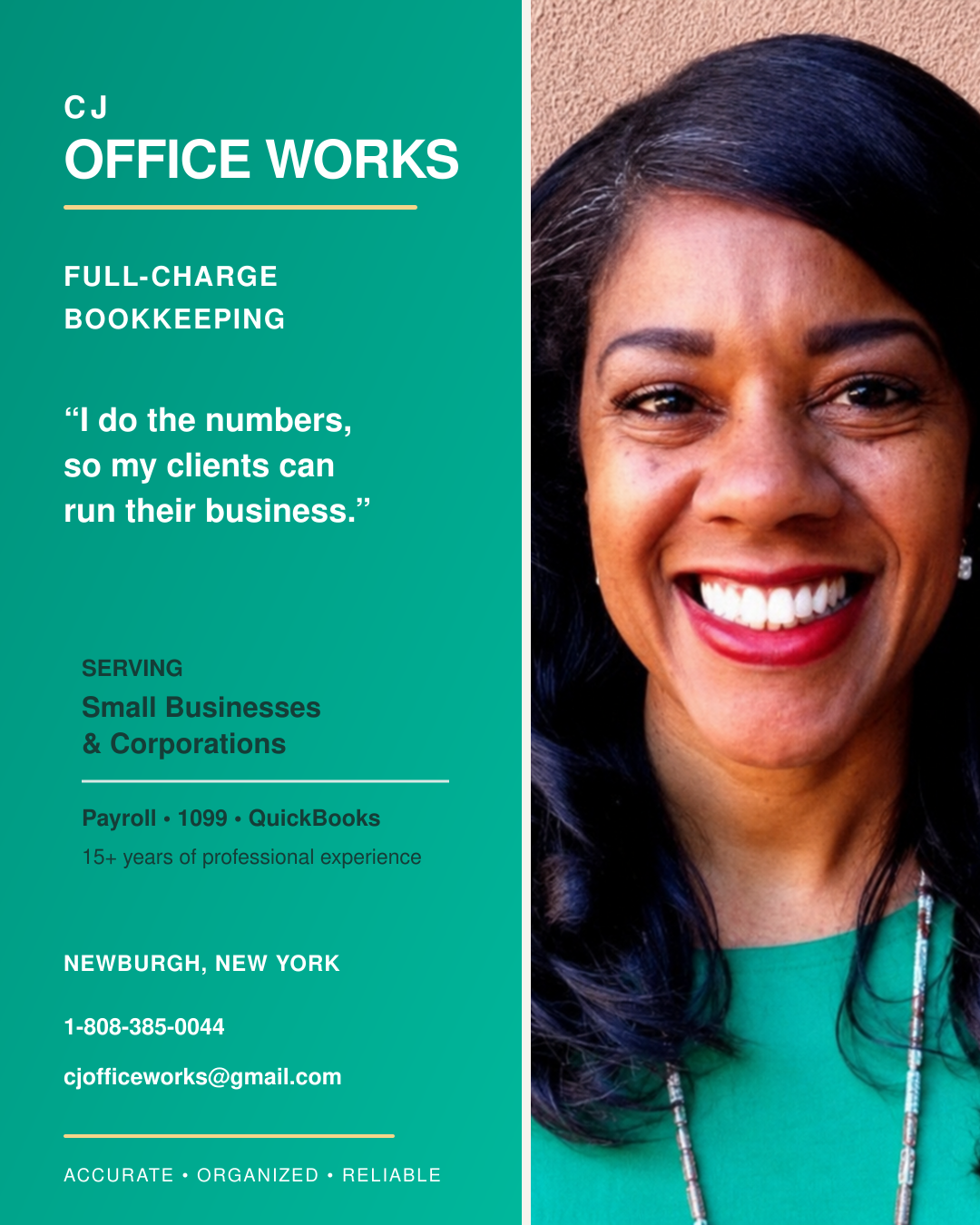 CJ Office Works bookkeeping professional wearing a green top